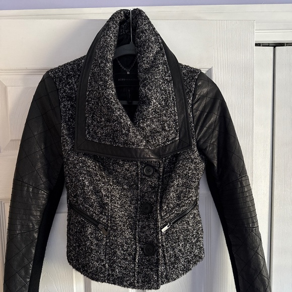 BCBG Maxazria Black/White/ Gray Tweed Quilted Leather combo jacket /coat XXS - Picture 12 of 14